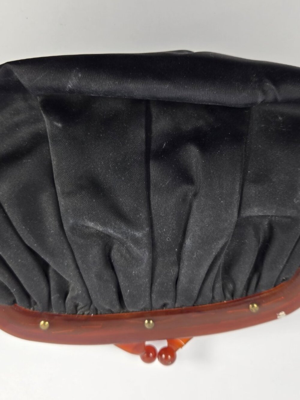 Vintage Black Satin Evening Clutch Tortoise Shell Acrylic Frame Kiss Lock